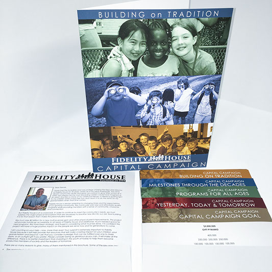 Pocket Folder with cover letter and staggered inserts for Fidelity House Capital Campaign in Arlington